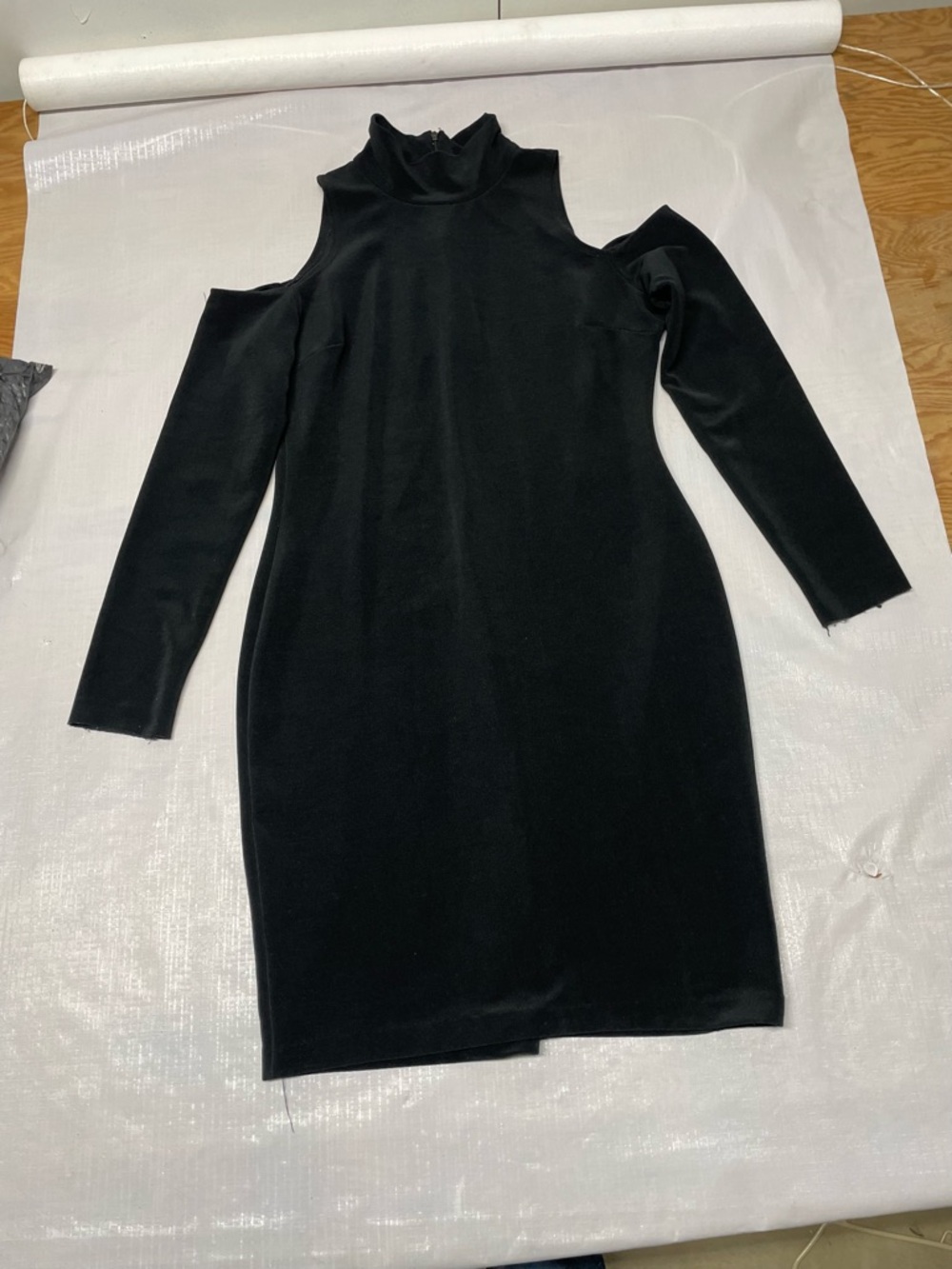 Women’s Black Cold-Shoulder Midi Dress with Mock Neck